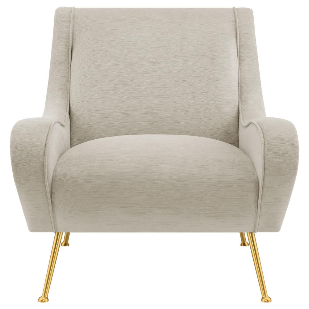 Rik 31 Inch Accent Armchair Metal Legs Velvet Stone Beige and Gold By Casagear Home BM309161