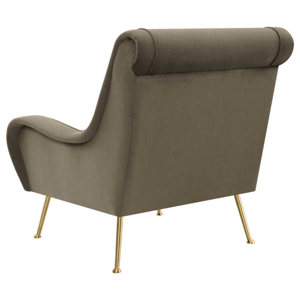 Rik 31 Inch Accent Armchair Metal Legs Velvet Truffle Brown and Gold By Casagear Home BM309162