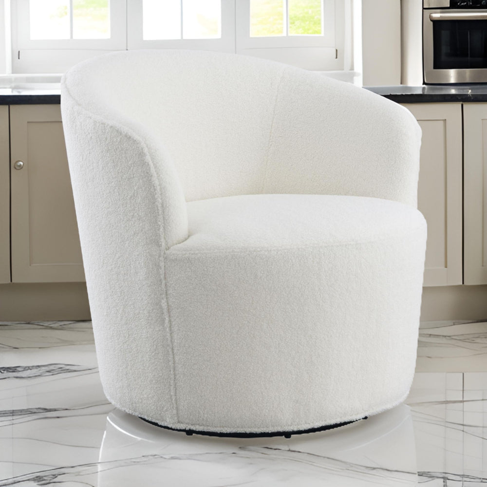 30 Inch Swivel Accent Chair, Barrel Inspired Design, Faux Sheepskin, White By Casagear Home