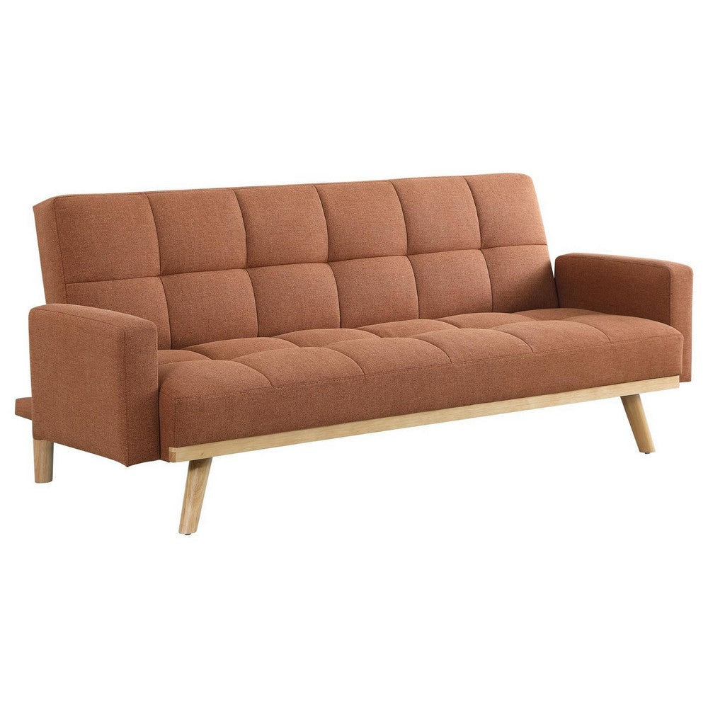 Kori 78 Inch Sofa Futon Bed with Tufted Back, Angled Legs, Orange Fabric By Casagear Home