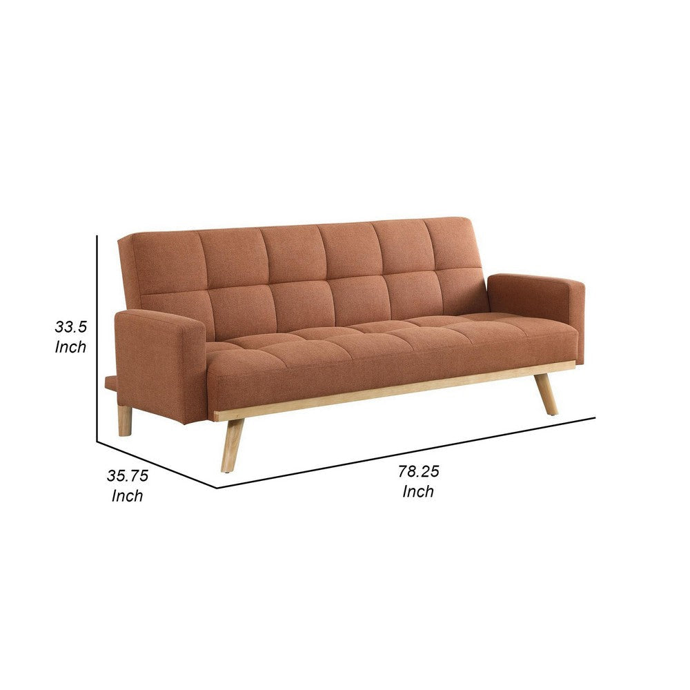 Kori 78 Inch Sofa Futon Bed with Tufted Back Angled Legs Orange Fabric By Casagear Home BM309167