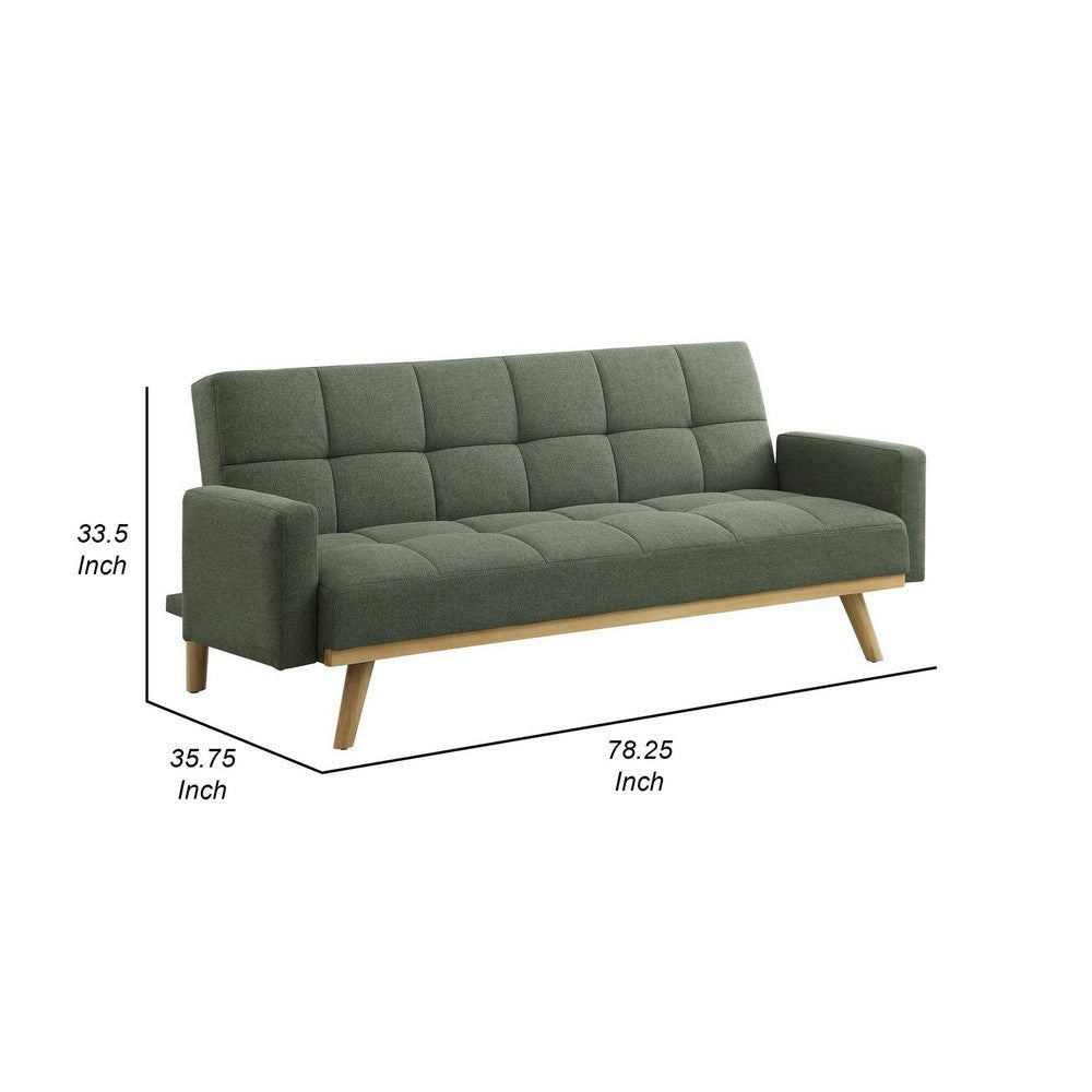 Kori 78 Inch Sofa Futon Bed with Tufted Green Fabric Angled Wooden Legs By Casagear Home BM309168