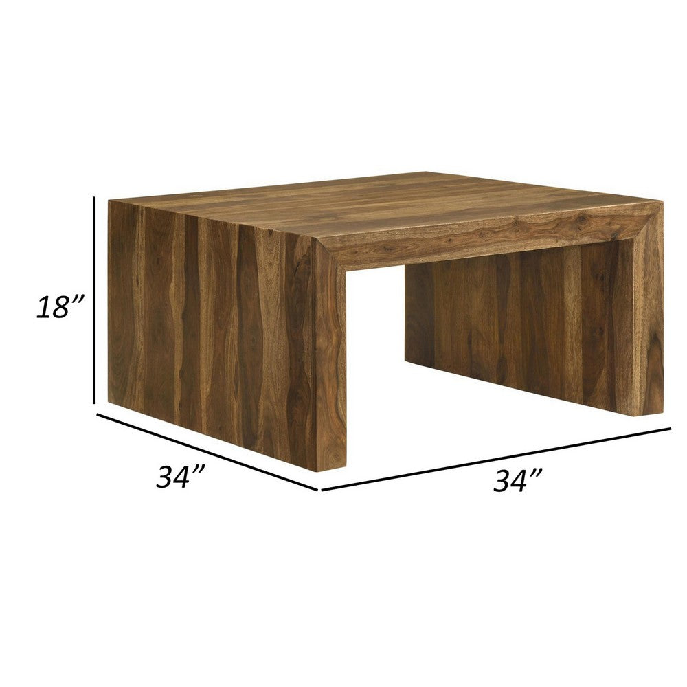 Ody 34 Inch Square Coffee Table U Shaped Sheesham Wood Auburn Brown By Casagear Home BM309174