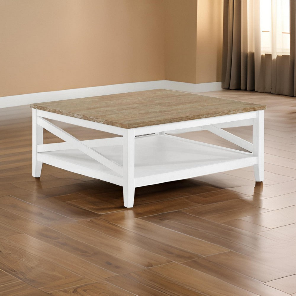 Maise 39 Inch Coffee Table, Rustic Wire Brushed Wood Top, Brown and White By Casagear Home