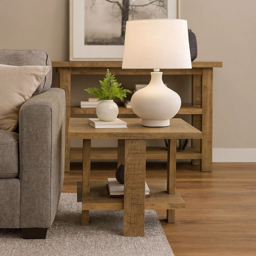 Dew 24 Inch Side End Table with Lower Shelf, Engineered Wood, Mango Brown By Casagear Home