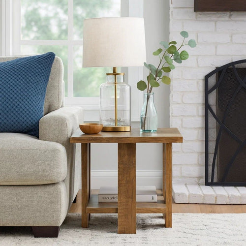 Dew 24 Inch Side End Table with Lower Shelf, Engineered Wood, Mango Brown By Casagear Home