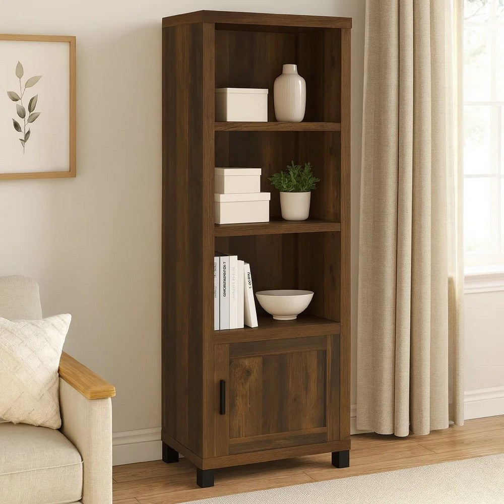 Sac 71 Inch Media Pier Tower with 3 Shelves and Cabinet, Dark Pine Wood By Casagear Home