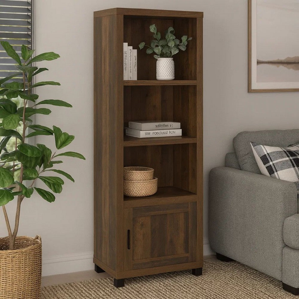 Sac 71 Inch Media Pier Tower with 3 Shelves and Cabinet, Dark Pine Wood By Casagear Home