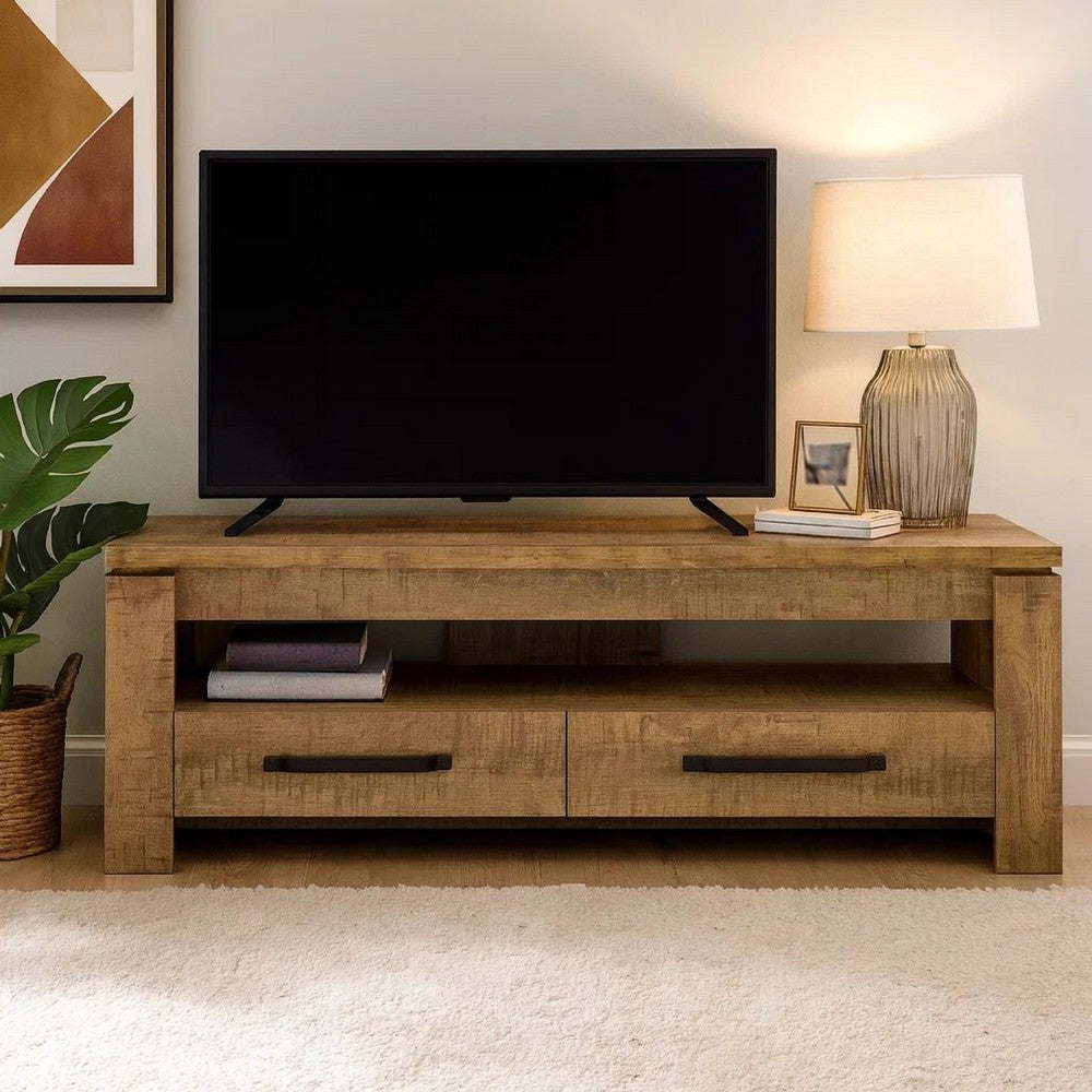 59 Inch TV Media Entertainment Console with 2 Drawers, Warm Wood Brown By Casagear Home