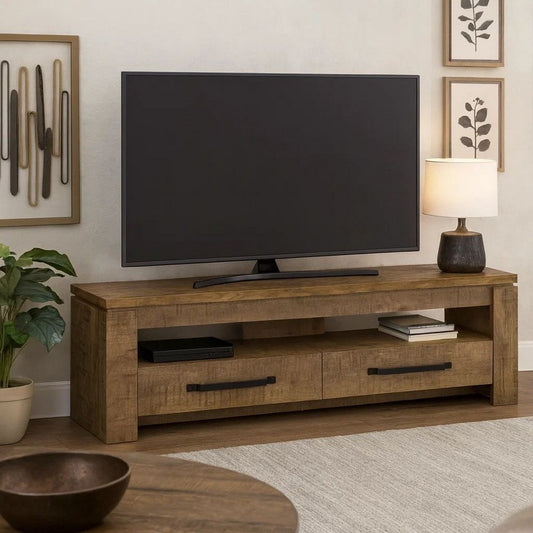 59 Inch TV Media Entertainment Console with 2 Drawers, Warm Wood Brown By Casagear Home