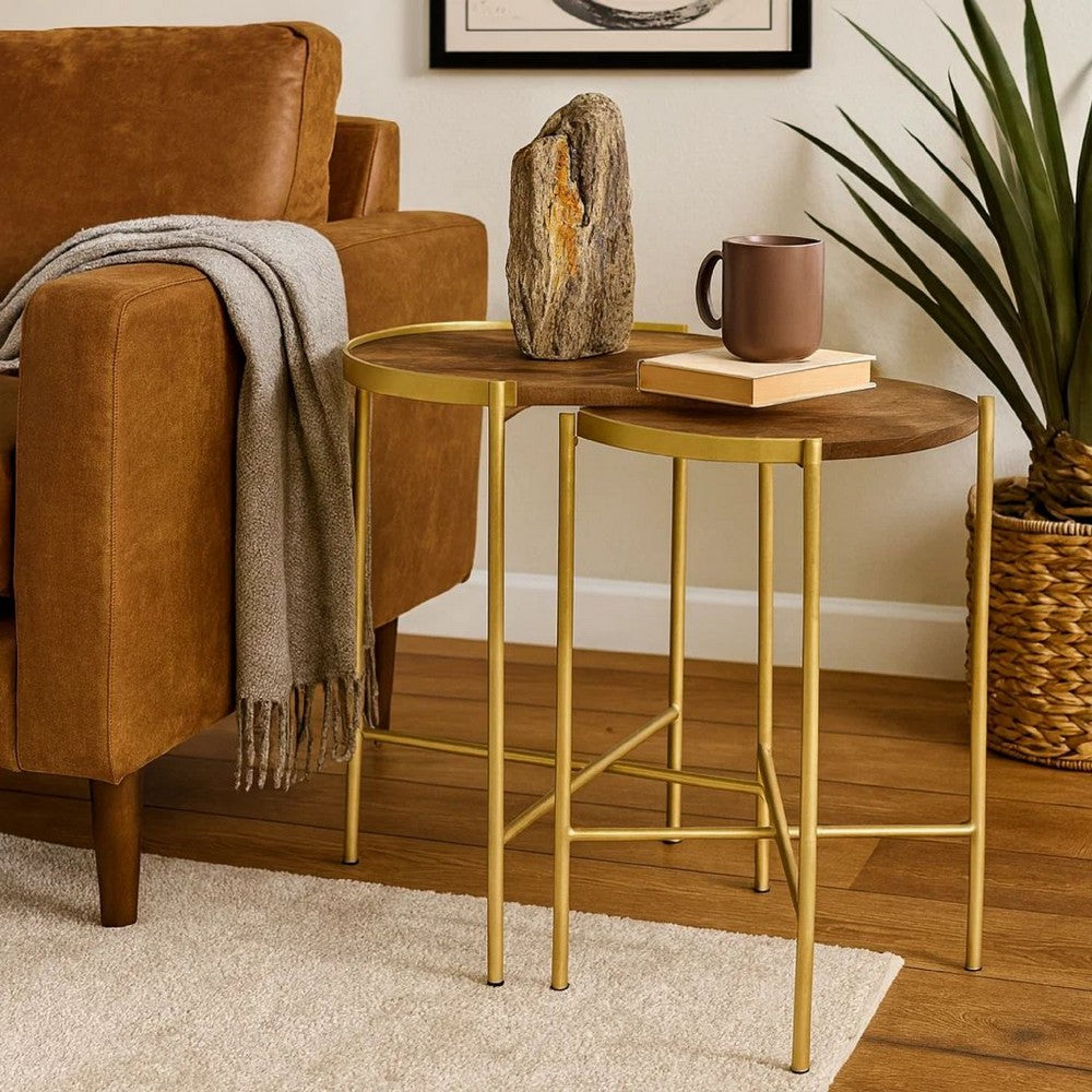 2 Piece Round Nesting Tables, Gold Iron, Modern Mango Wood, Warm Brown By Casagear Home