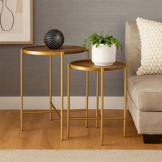 2 Piece Round Nesting Tables, Gold Iron, Modern Mango Wood, Warm Brown By Casagear Home