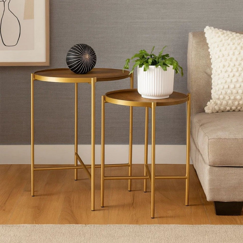 2 Piece Round Nesting Tables, Gold Iron, Modern Mango Wood, Warm Brown By Casagear Home