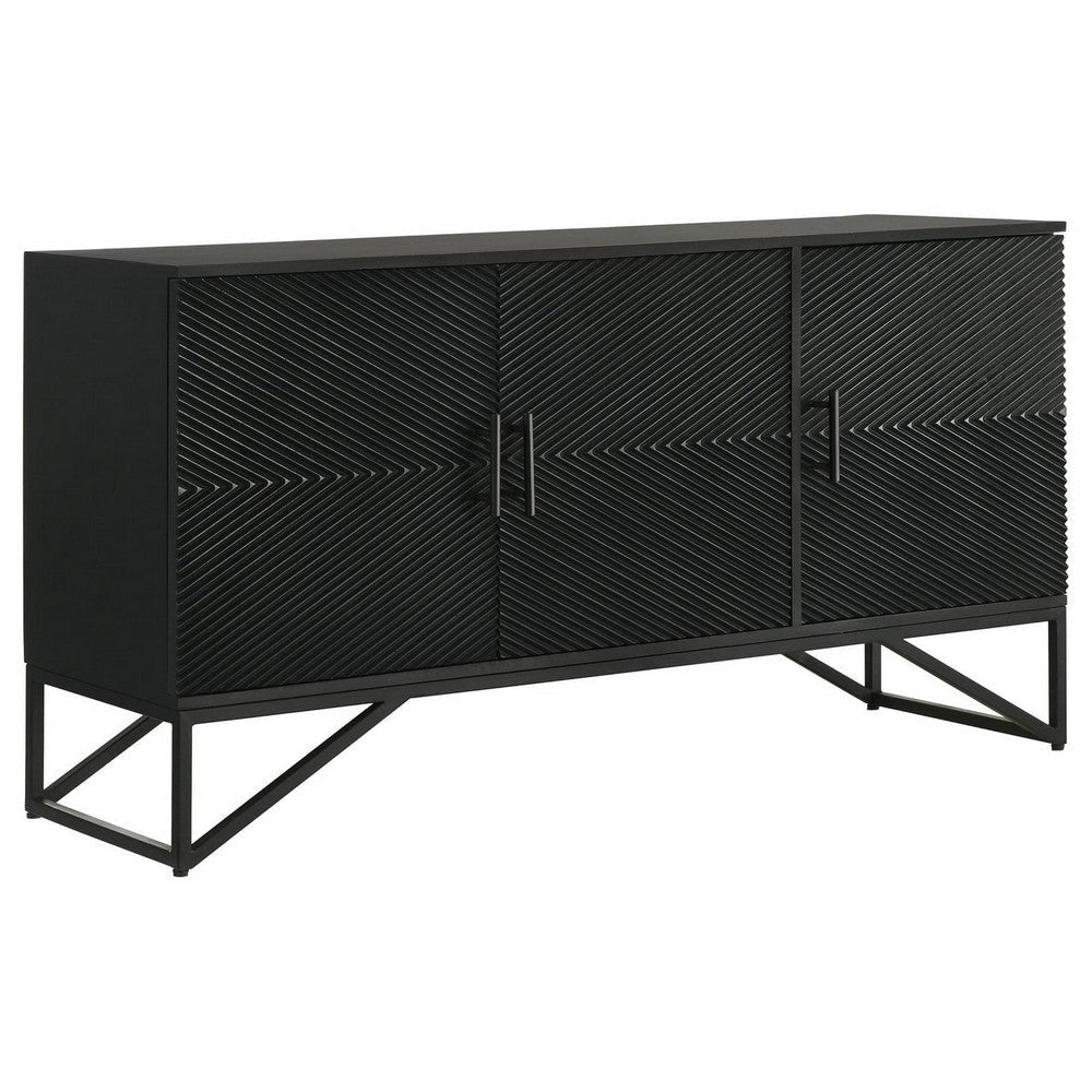 Riz 56 Inch Sideboard Cabinet Console, Black Mango Wood, Fluted Front By Casagear Home