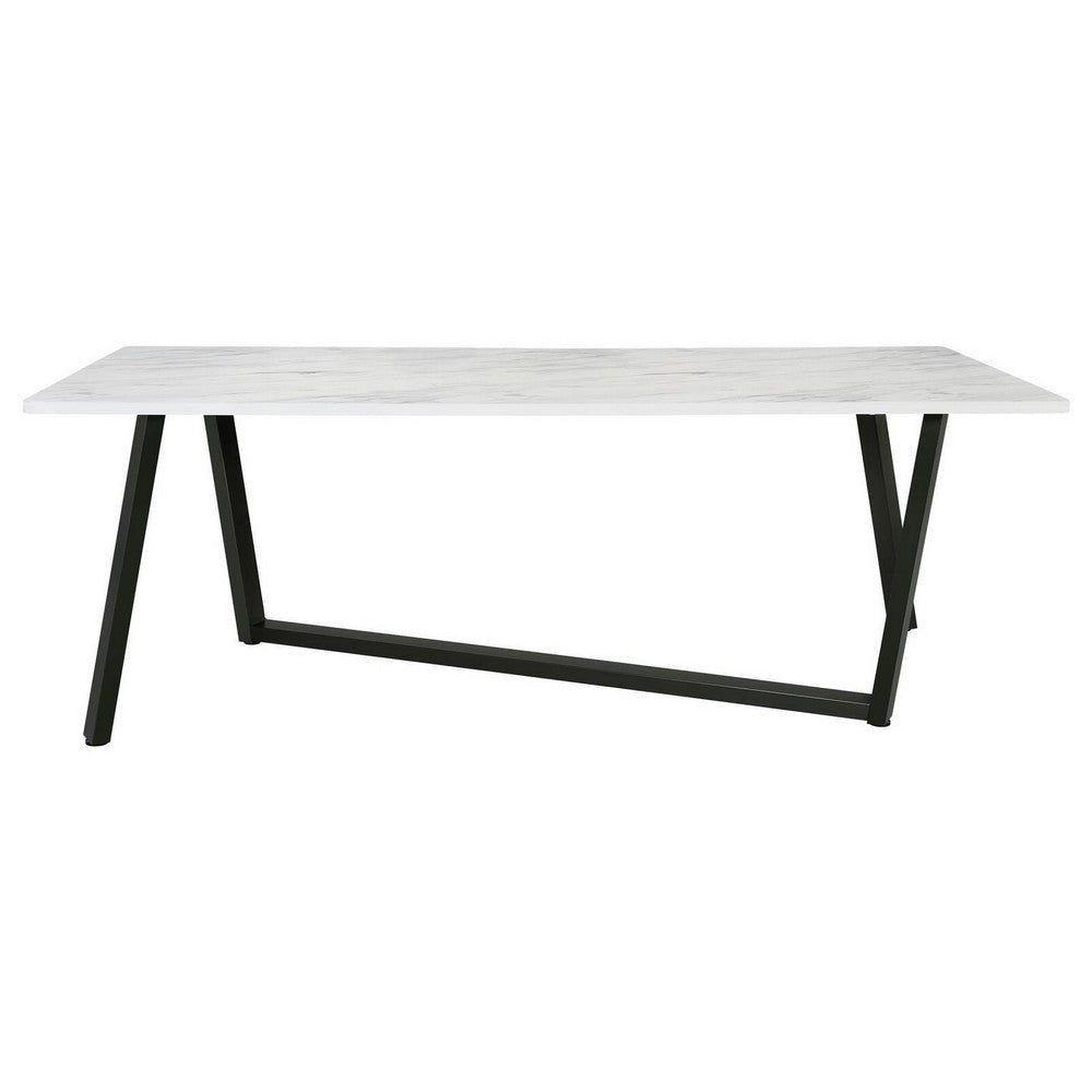 87 Inch Dining Table 6 Seater MDF Surface Marble Like Finish Metal Base By Casagear Home BM309223