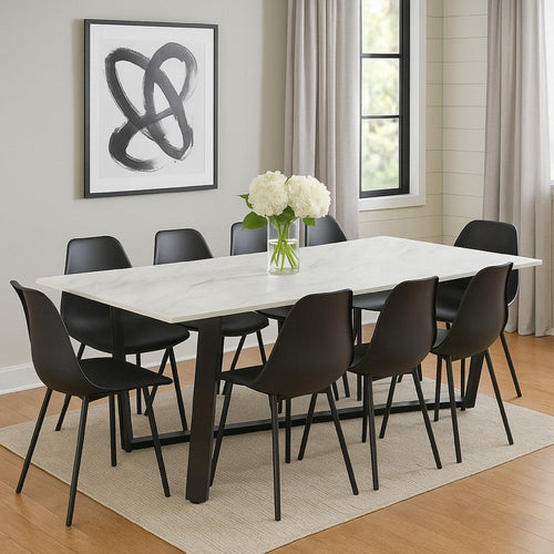 87 Inch Dining Table, 6 Seater, MDF Surface, Marble Like Finish, Metal Base By Casagear Home