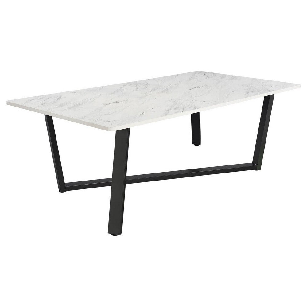 87 Inch Dining Table, 6 Seater, MDF Surface, Marble Like Finish, Metal Base By Casagear Home