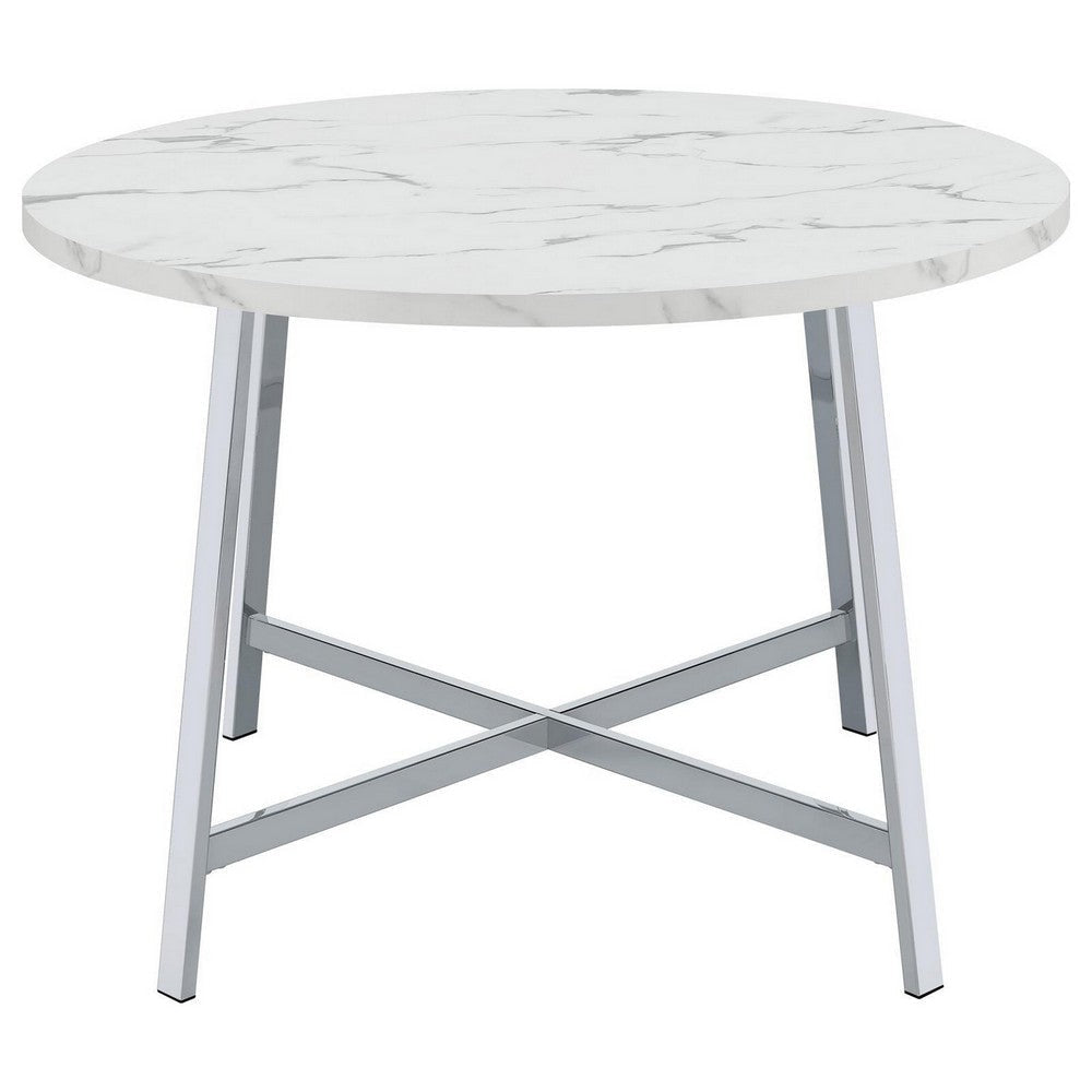 45 Inch Dining Table Faux Carrara Round Marble Top Chrome Metal Legs By Casagear Home BM309242