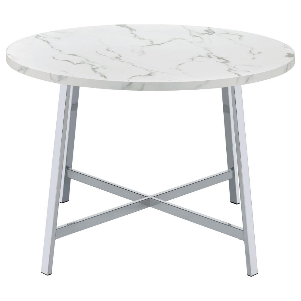 45 Inch Dining Table, Faux Carrara Round Marble Top, Chrome Metal Legs By Casagear Home