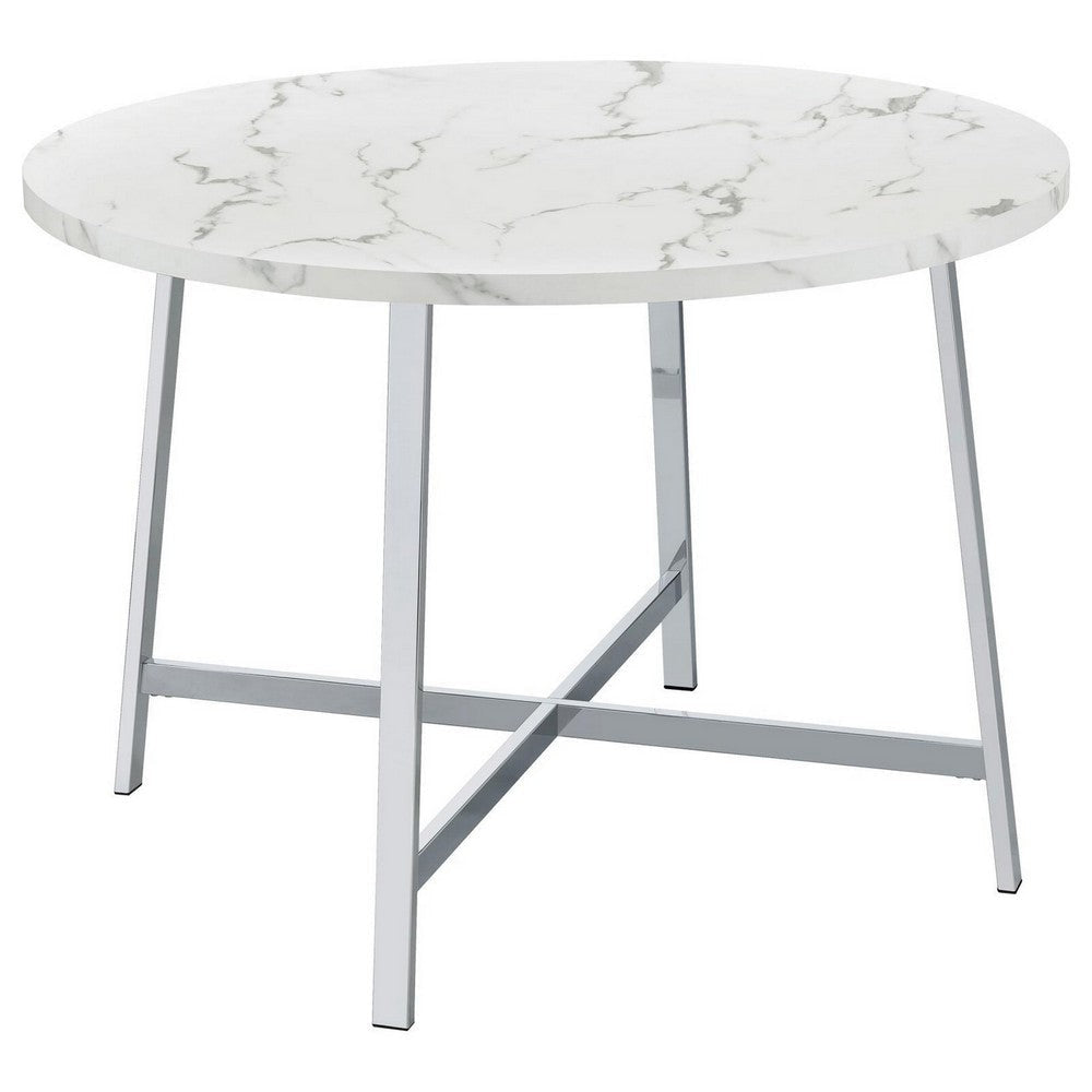 45 Inch Dining Table Faux Carrara Round Marble Top Chrome Metal Legs By Casagear Home BM309242