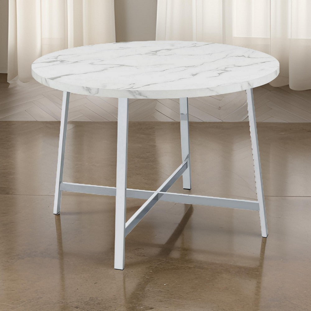 45 Inch Dining Table, Faux Carrara Round Marble Top, Chrome Metal Legs By Casagear Home