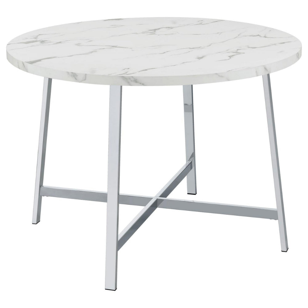 45 Inch Dining Table, Faux Carrara Round Marble Top, Chrome Metal Legs By Casagear Home