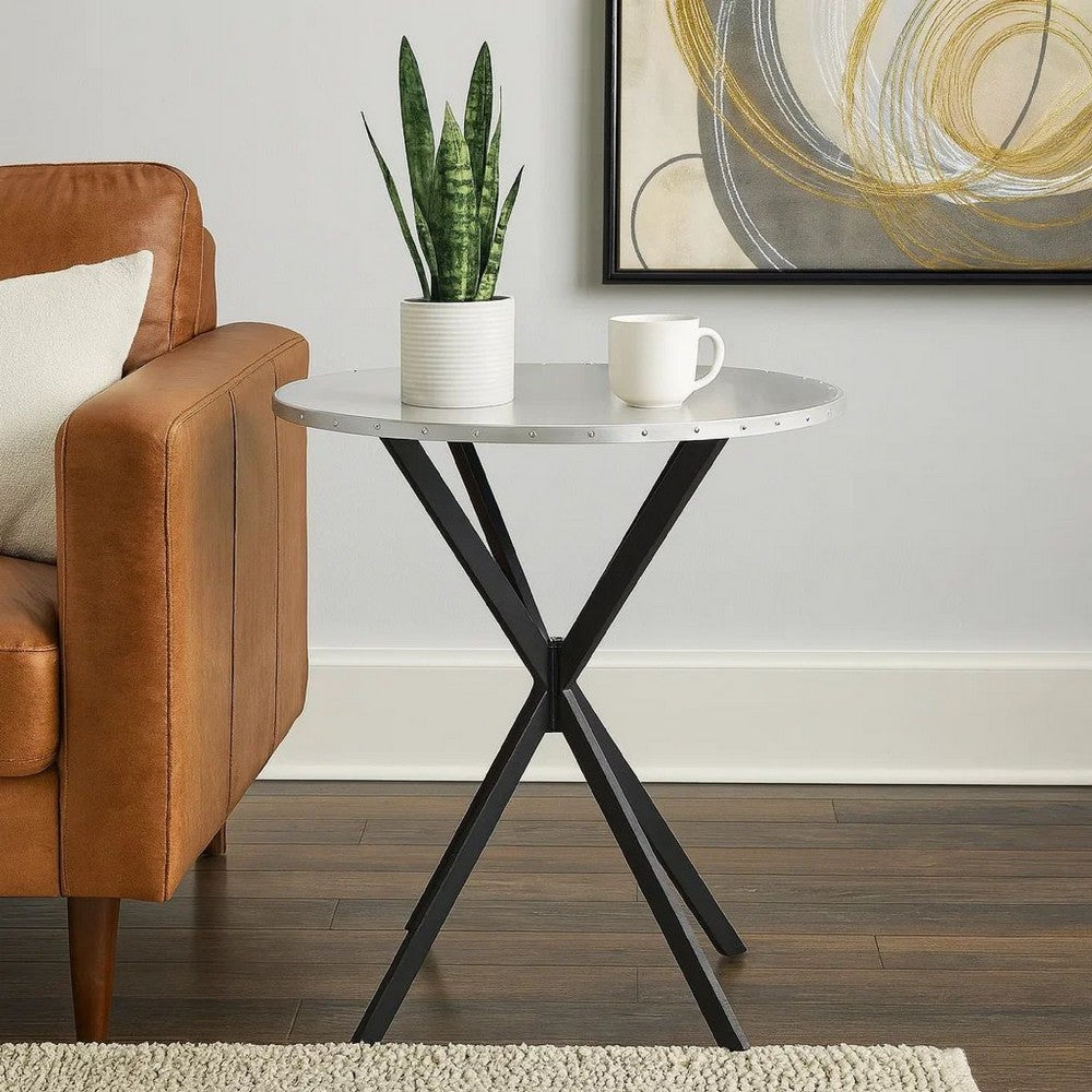 36 Inch Bar Table, Metal Top, Hammered Nails, Intersected Base, Silver  By Casagear Home