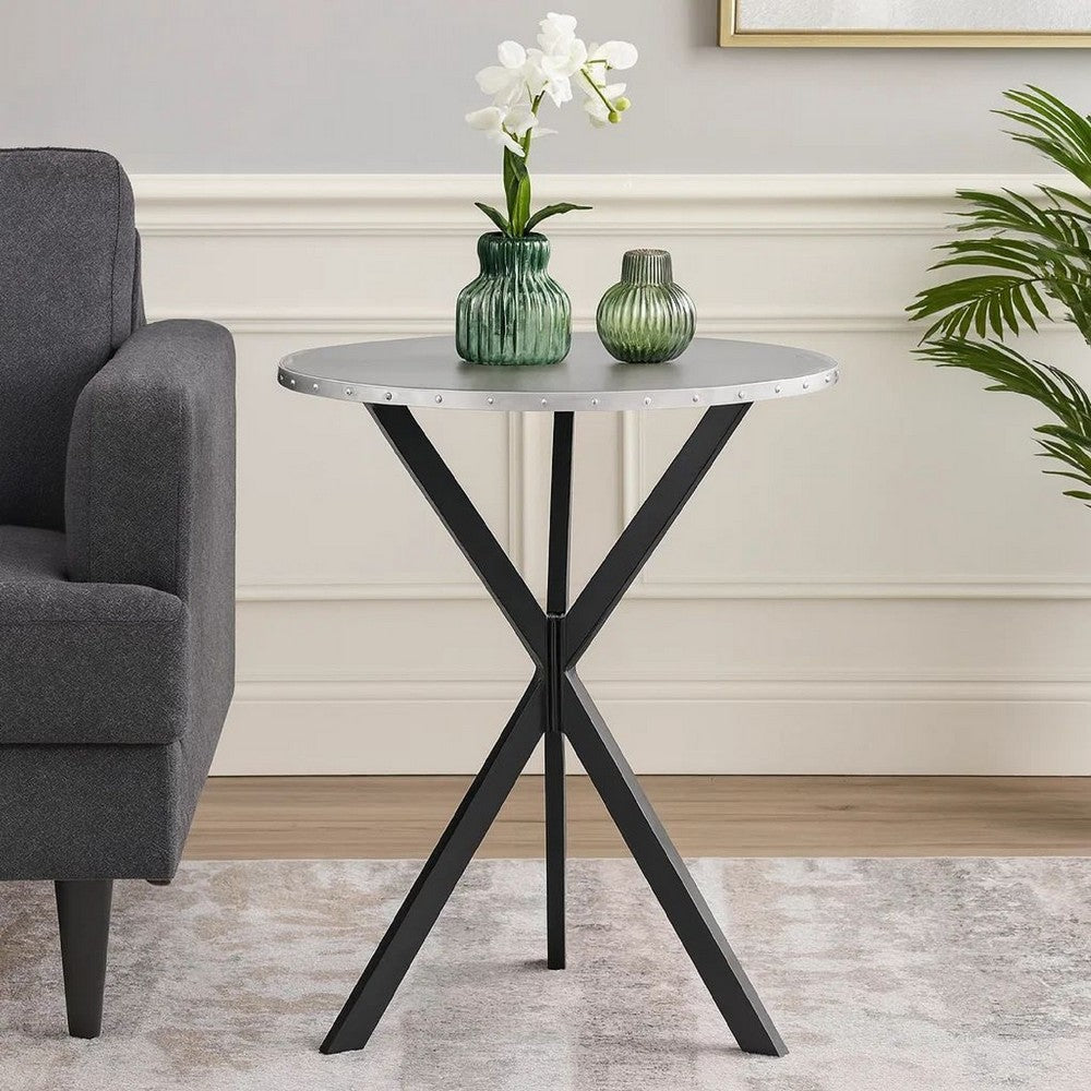 36 Inch Bar Table, Metal Top, Hammered Nails, Intersected Base, Silver  By Casagear Home