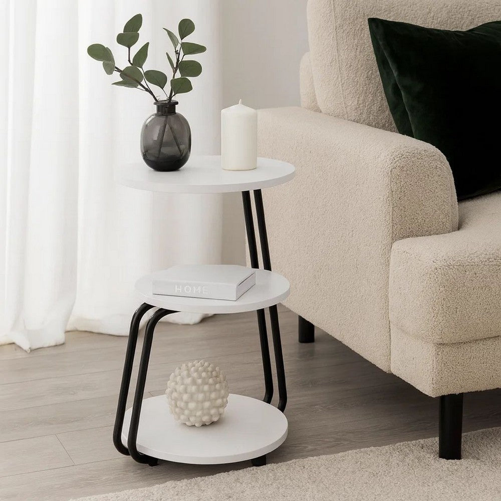 26 Inch Side End Table, 3 Tier Design, Black Metal Frame, White Finish By Casagear Home