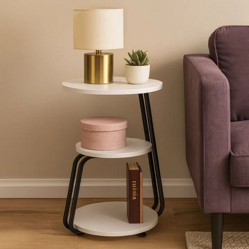 26 Inch Side End Table, 3 Tier Design, Black Metal Frame, White Finish By Casagear Home