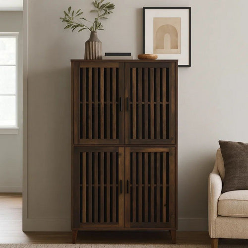 69 Inch Tall Accent Cabinet, Vertical Slatted Design, Brown and Black By Casagear Home