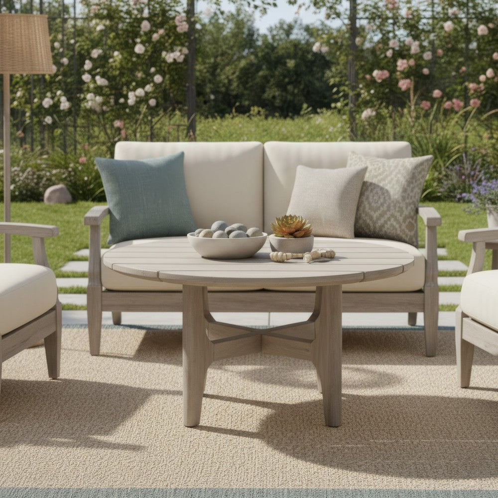 Ham 32 Inch Outdoor Round Coffee Table, Plank Tabletop, Gray Distressed By Casagear Home