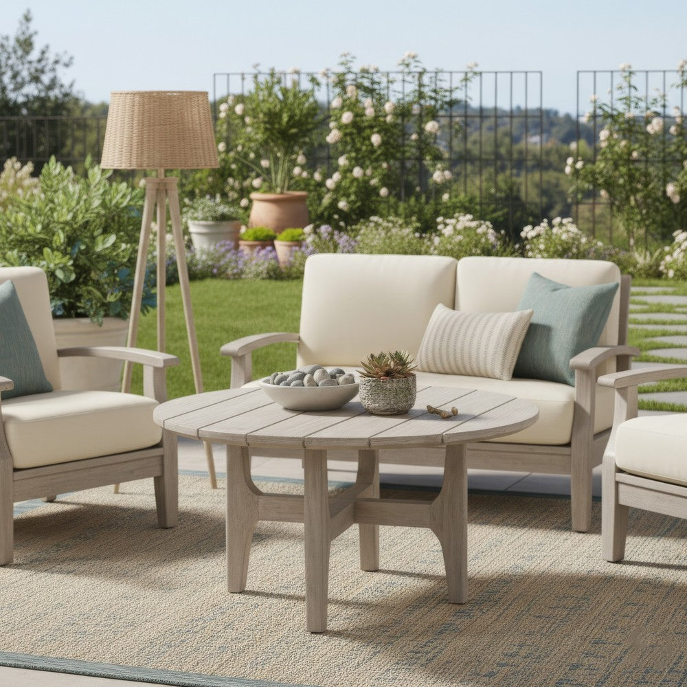 Ham 32 Inch Outdoor Round Coffee Table, Plank Tabletop, Gray Distressed By Casagear Home