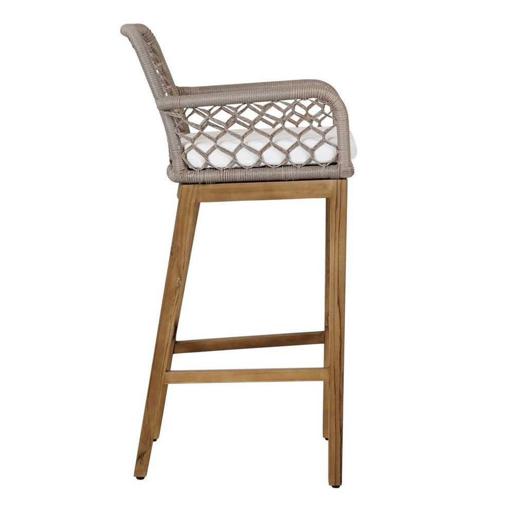 Aok 33 Inch Outdoor Barstool Chair, Gray Woven Rope, Curved Back, Brown Teak By Casagear Home