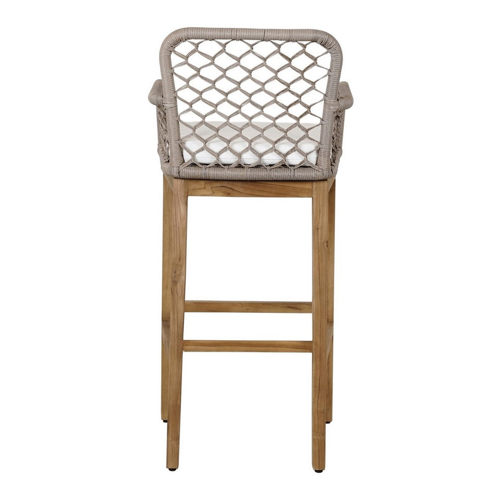 Aok 33 Inch Outdoor Barstool Chair, Gray Woven Rope, Curved Back, Brown Teak By Casagear Home