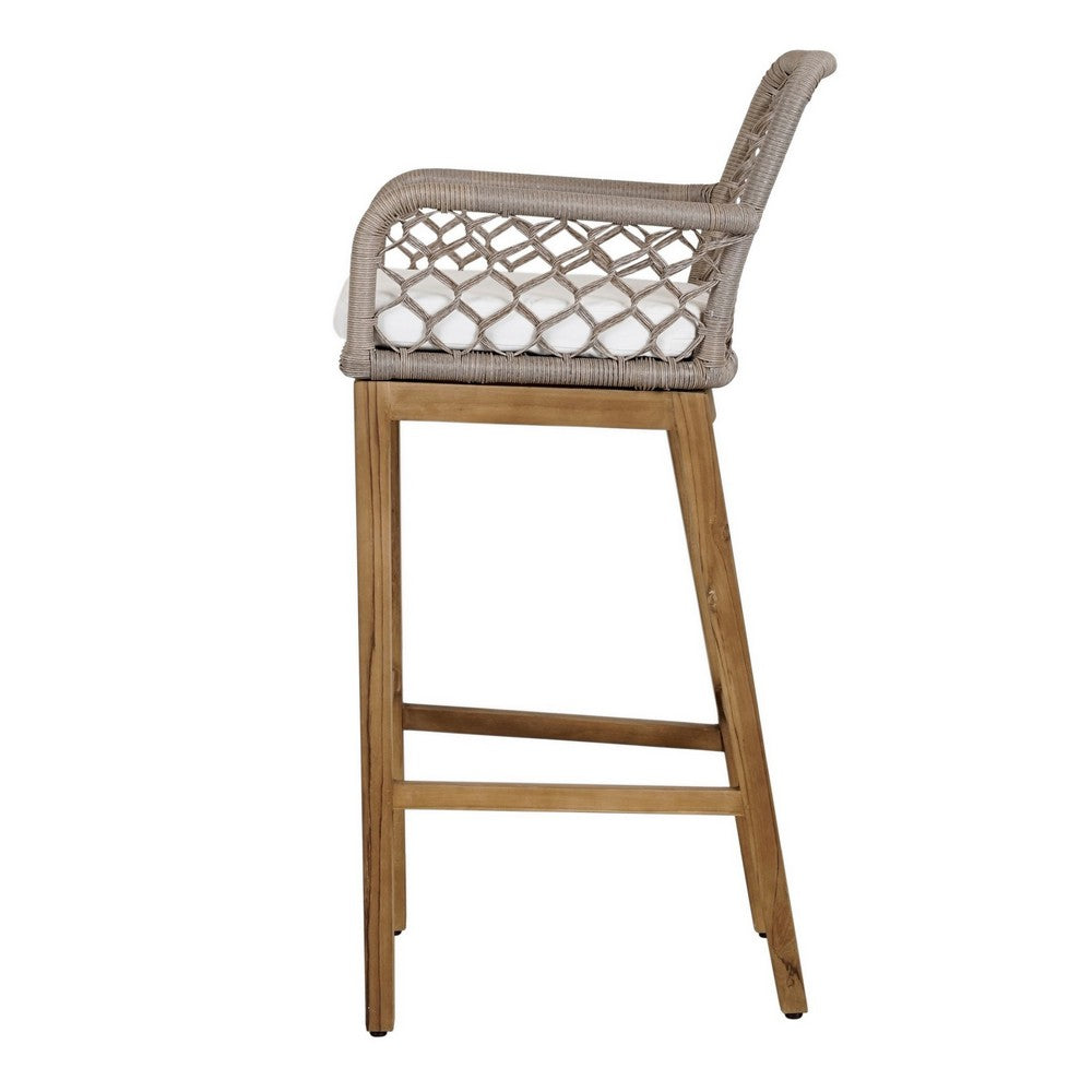 Aok 33 Inch Outdoor Barstool Chair, Gray Woven Rope, Curved Back, Brown Teak By Casagear Home