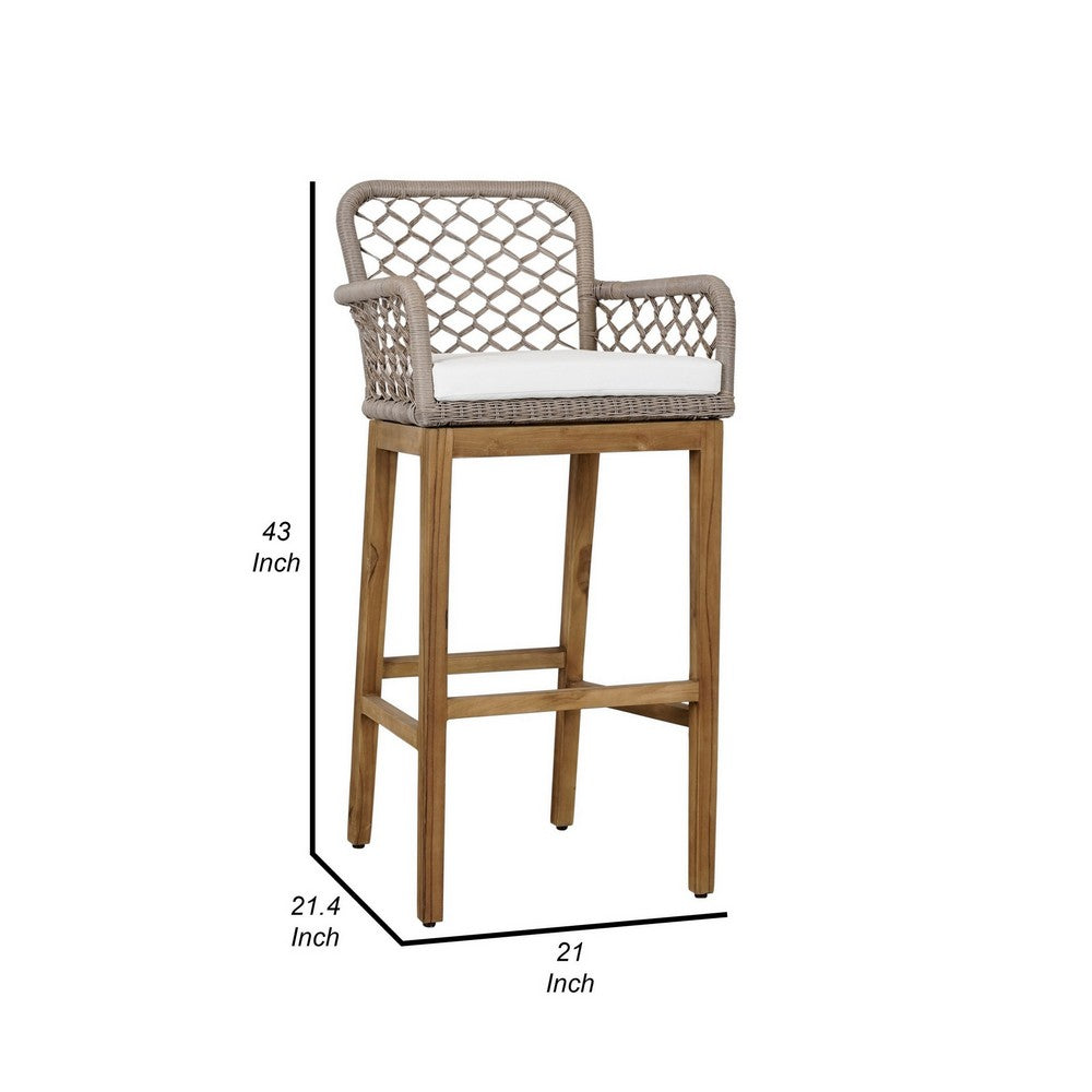 Aok 33 Inch Outdoor Barstool Chair, Gray Woven Rope, Curved Back, Brown Teak By Casagear Home