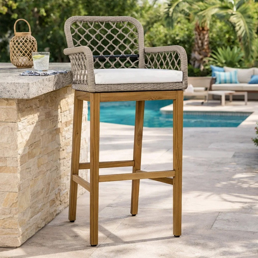 Aok 33 Inch Outdoor Barstool Chair, Gray Woven Rope, Curved Back, Brown Teak By Casagear Home