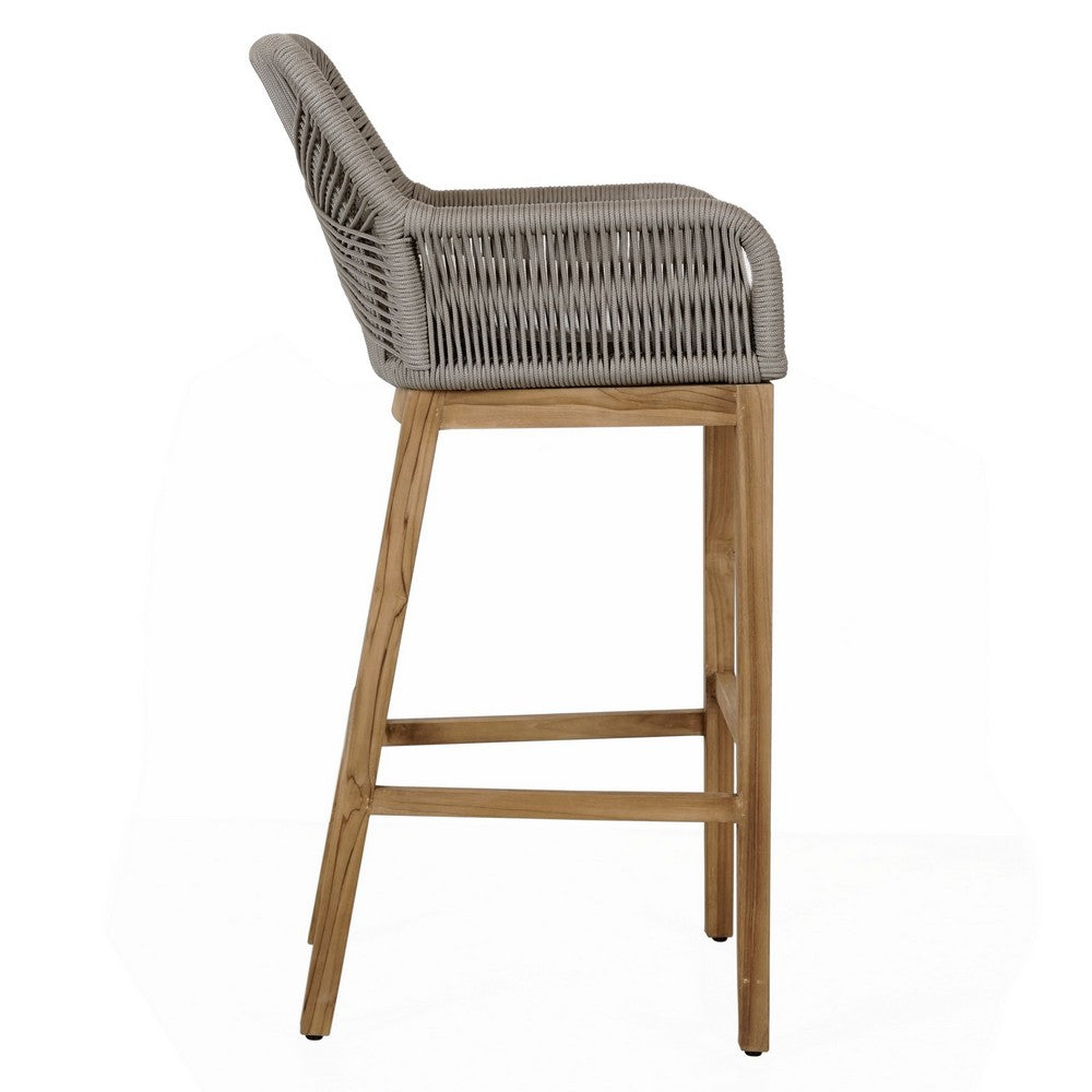 Navi 33 Inch Outdoor Barstool Chair Woven Rope Crossed Gray Brown Teak By Casagear Home BM309284