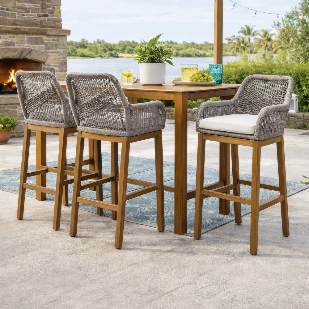 Navi 33 Inch Outdoor Barstool Chair, Woven Rope Crossed, Gray, Brown Teak By Casagear Home