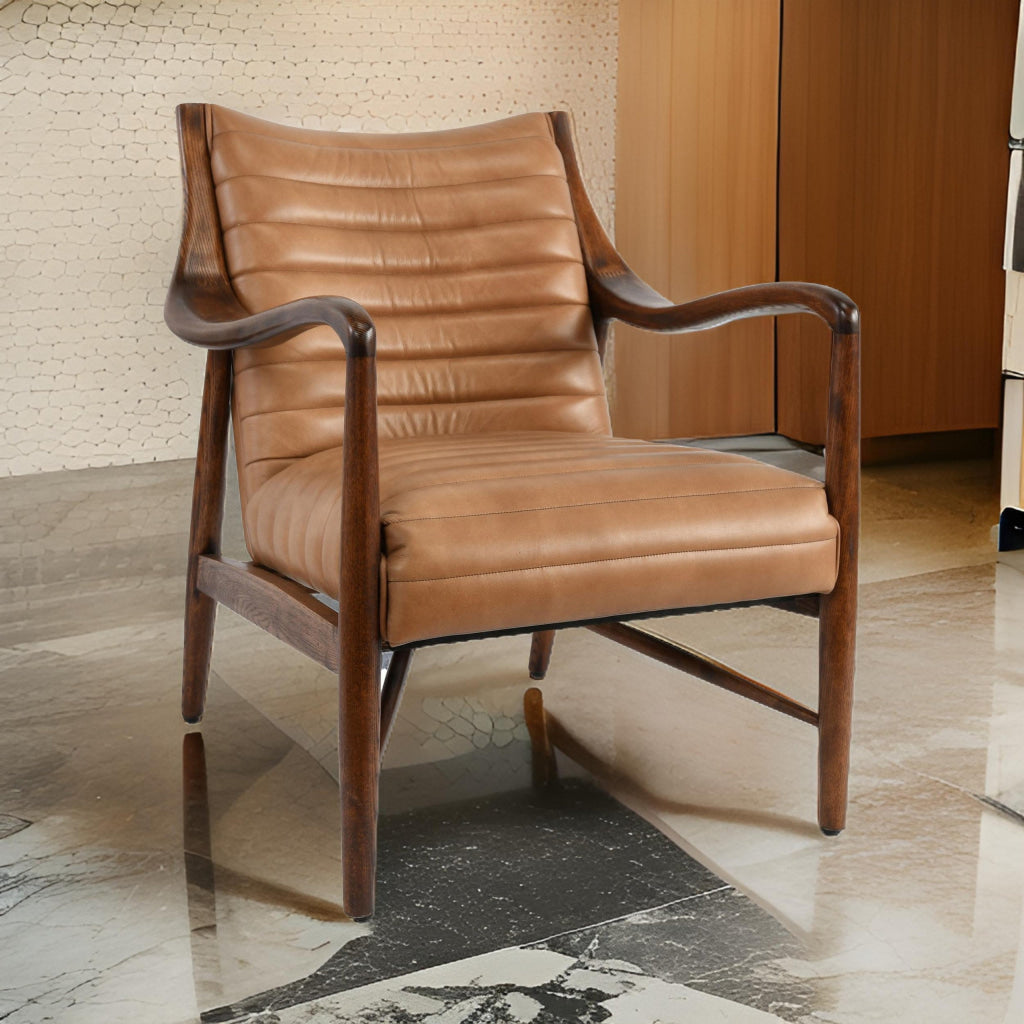 30 Inch Club Chair, Channel Stitching, Genuine Leather Upholstery, Brown By Casagear Home