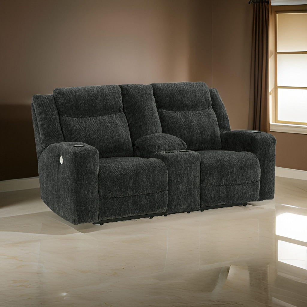 Kavi 76 Inch Power Recliner Loveseat, Drop Down Table, Black Polyester By Casagear Home