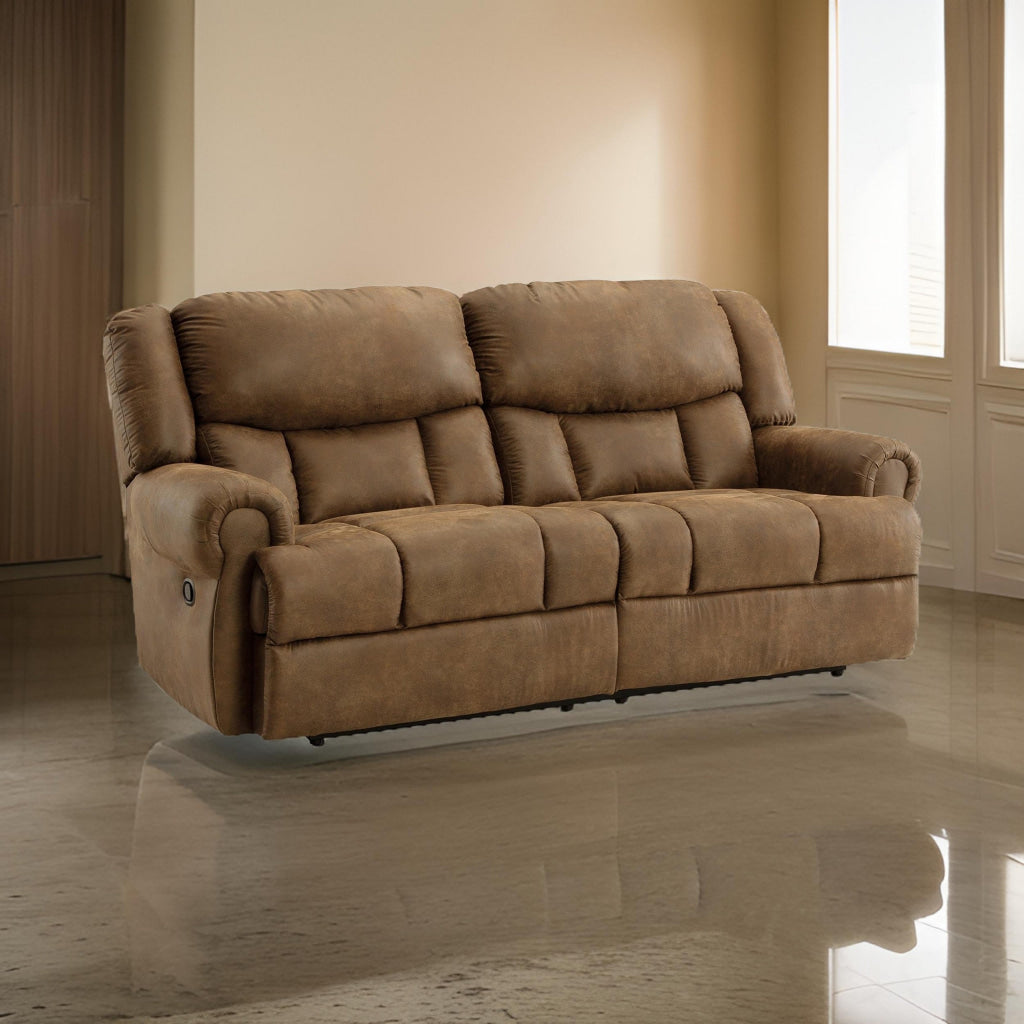 Avi 92 Inch Sofa, Dual Seat Manual Recliner, Brown Faux Leather Upholstery By Casagear Home