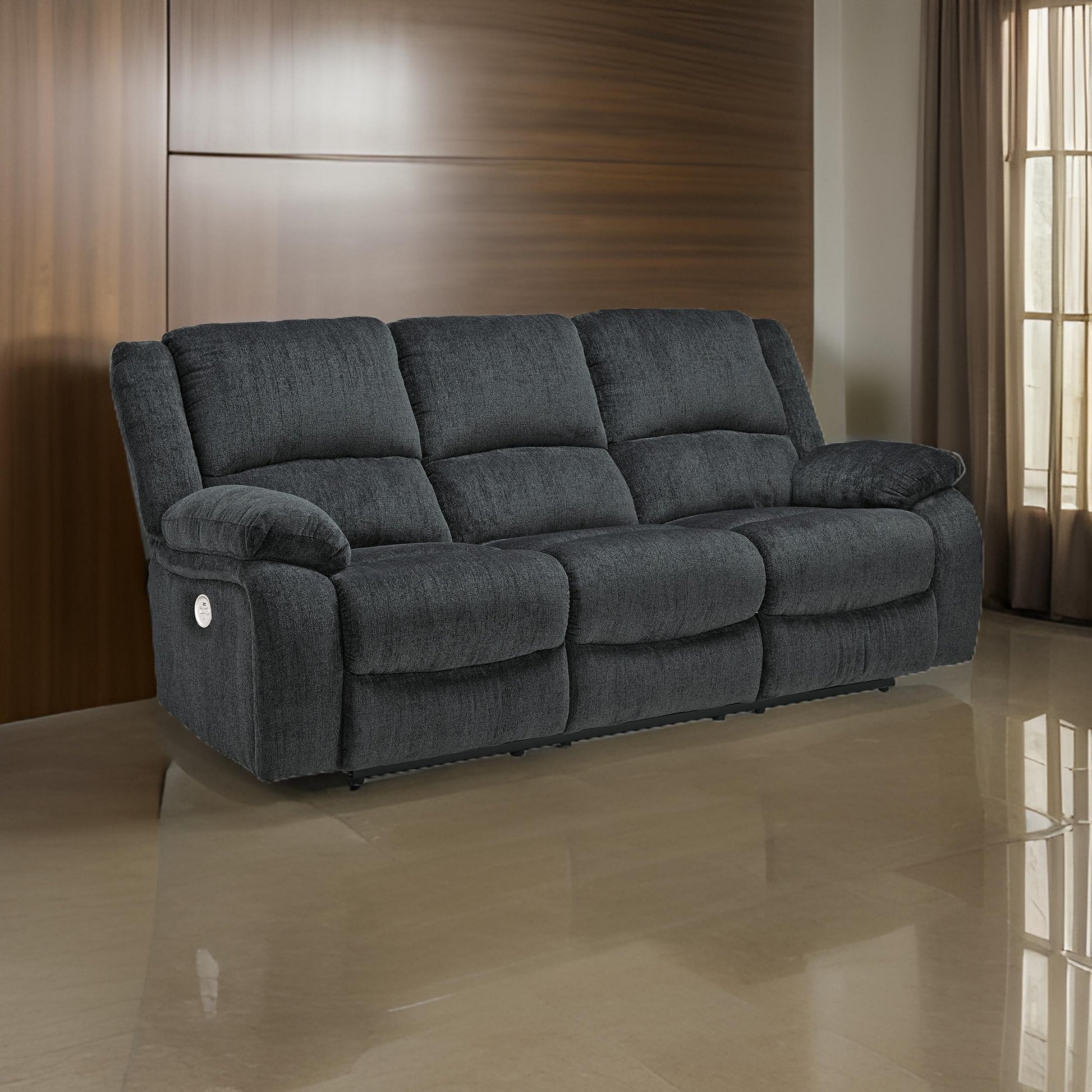 Wie 87 Inch Power Recliner Sofa, USB, Slate Gray Poly Chenille Upholstery By Casagear Home