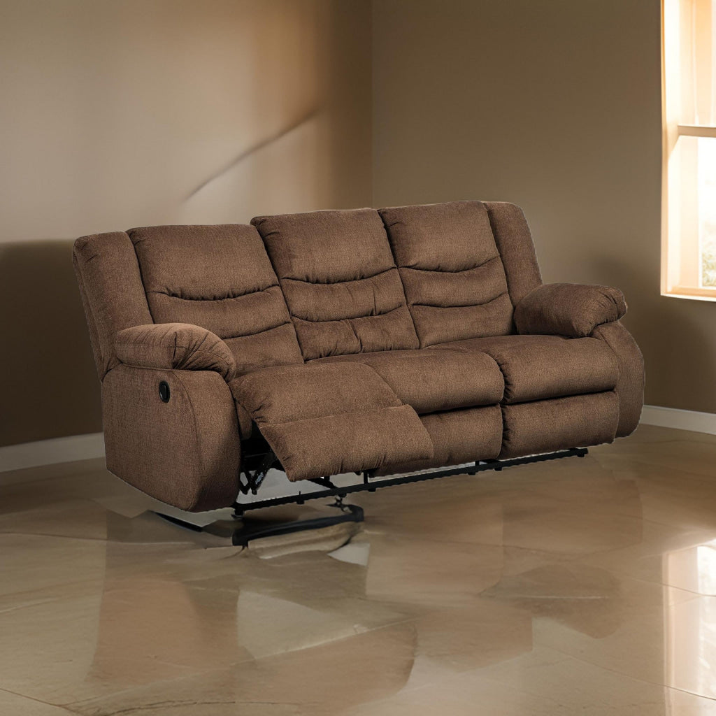 Tee 87 Inch Manual Recliner Sofa, Cushioned Seat, Chocolate Brown Chenille By Casagear Home