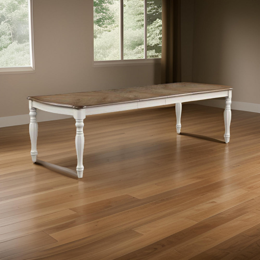 Fil 108 Inch Dining Table Rustic Brown Rubberwood White Turned Legs By Casagear Home BM309388