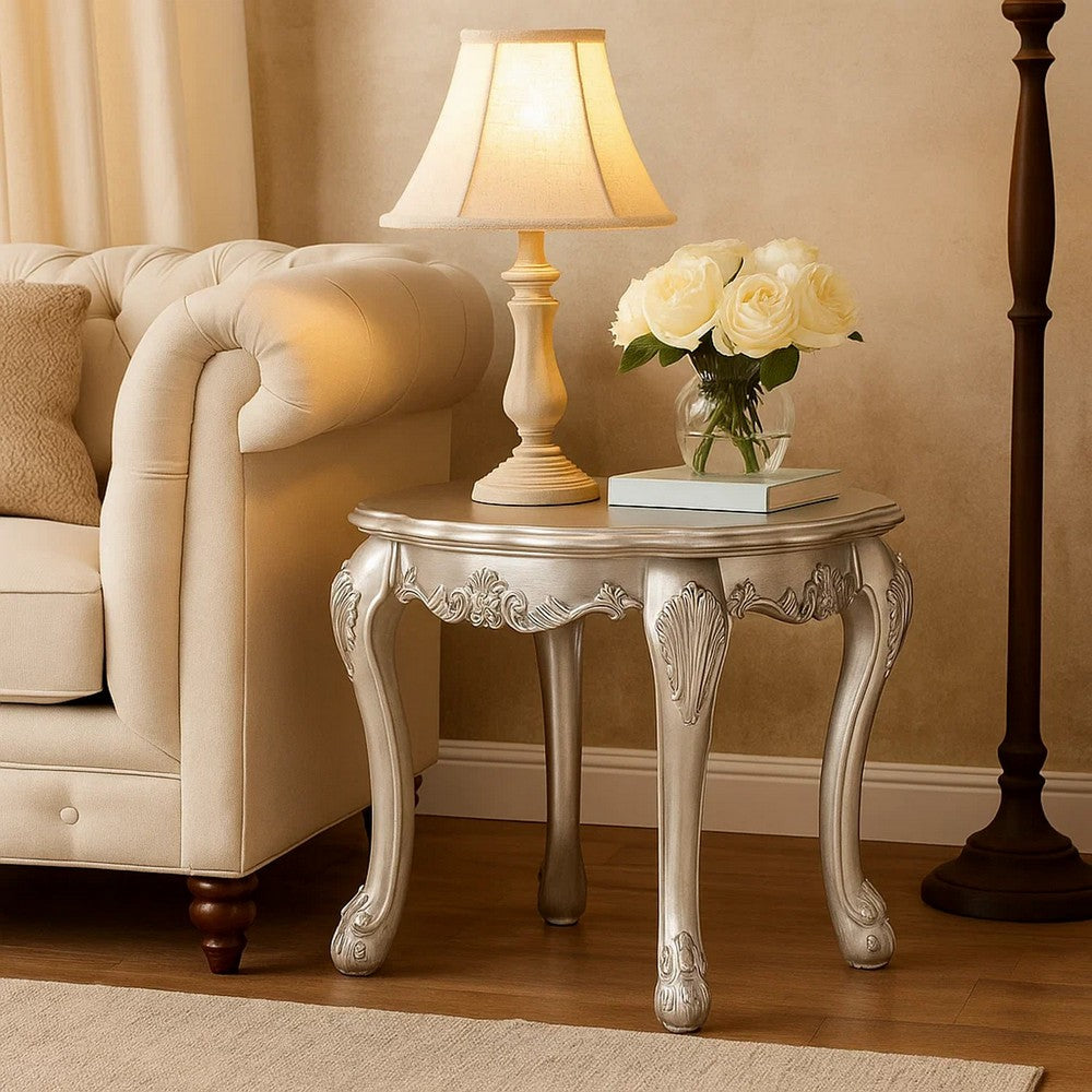 Ally 28 Inch Side End Table, Aspen Wood, Classic Scrollwork, Polyresin By Casagear Home