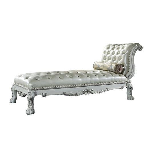 Ally 82 Inch Chaise, Rolled Back, Tufted White Faux Leather with Pillow By Casagear Home