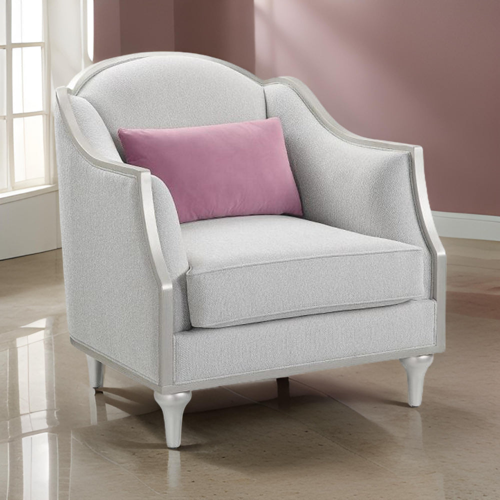 Kyna 37 Inch Accent Chair, Rubberwood, Gray Linen, Scooped Arms, Silver By Casagear Home