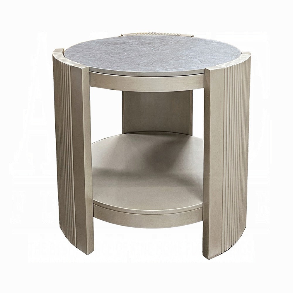 Kyna 26 Inch Side End Table Modern Sintered Top 1 Shelf Round Champagne Silver By Casagear Home BM309401